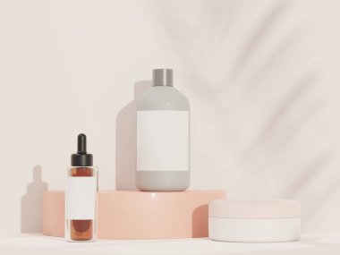 3 boyutlu boş kozmetik cilt ürünleri ya da paketleme modeli. Terrazzo tasarımı. Güzellik sabunu ve spa konsepti. Cilt sağlığı için losyon yağı nemlendirici. Markalaşma için kaliteli ve lüks tasarım.