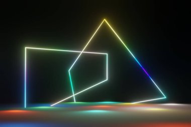 Karanlık arka planda RGB neon ışığının 3 boyutlu görüntüsü. Soyut lazer hatları geceleri görünüyor. Model ve web afişi için ultraviyole ışın sahnesi.
