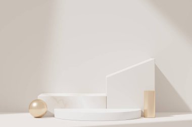 Ürün sunumu için üç boyutlu soyut arkaplan beyaz podyum ve pencere ve çatısı gölgeli marka reklamları. Model için boş sahne.