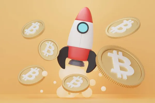 Rendering Eines Stapels Bitcoins Mit Rakete Zum Mond Defi Kryptokonzept — Stockfoto