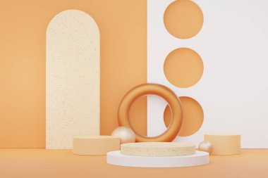 Üç boyutlu soyut kaidesel podyum görüntüsü ve terrazzo çipleri zemin tasarımı. Mevcut ürün tanıtımı ve güzellik kozmetiği için sahne.