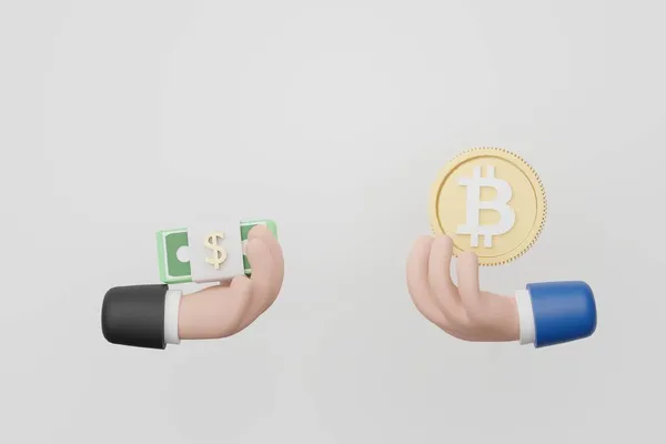 3D渲染卡通人物之间的手交换菲亚特货币和比特币 区块链网络上的隐货币交易 — 图库照片