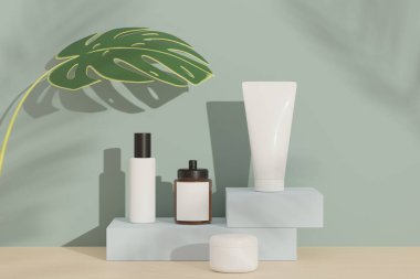 3 boyutlu boş kozmetik cilt ürünleri ya da paketleme modeli. Terrazzo tasarımı. Güzellik sabunu ve spa konsepti. Cilt sağlığı için losyon yağı nemlendirici. Markalaşma için kaliteli ve lüks tasarım.