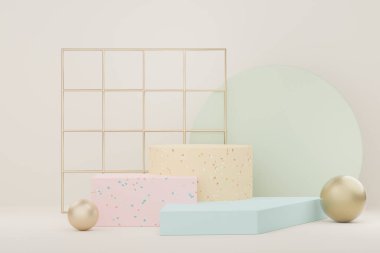 Üç boyutlu soyut kaidesel podyum görüntüsü ve terrazzo çipleri zemin tasarımı. Mevcut ürün tanıtımı ve güzellik kozmetiği için sahne.