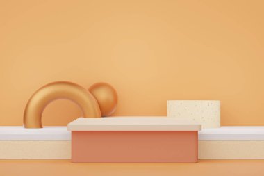 Üç boyutlu soyut kaidesel podyum görüntüsü ve terrazzo çipleri zemin tasarımı. Mevcut ürün tanıtımı ve güzellik kozmetiği için sahne.