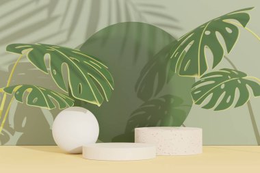 Üç boyutlu soyut podyum görüntüsü terrazzo ve yaprakların gölgesi. Mevcut ürün tanıtımı ve güzellik kozmetiği için sahne.