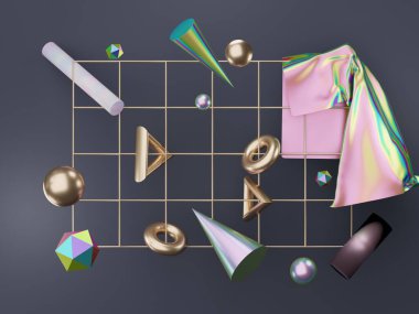 Üç boyutlu soyut basit geometrik şekilleri mistik hologram veya holografik tasarım ile çizer. Model için gerçekçi ilkel kompozisyon sahnesi.