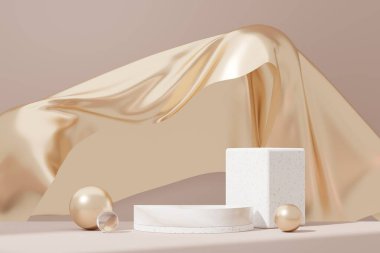 Soyut geometrik şekilli 3D illüstrasyon lüks kaidesel ürün görüntüsü. Mevcut ürün tanıtımı ve güzellik ürünleri için en düşük sahne.