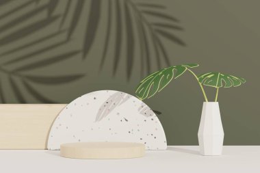 Terrazzo ve Monstera yaprakları ile soyut kaidesel podyum görüntüsü. Reklam için ürün ve tanıtım konsepti. Yeşil doğal arkaplan.