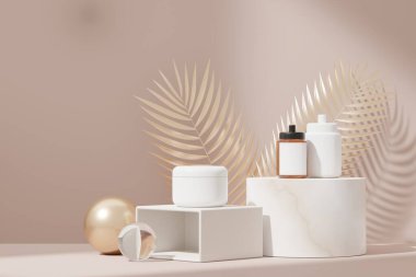 3 boyutlu boş kozmetik cilt ürünleri ya da paketleme modeli. Terrazzo tasarımı. Güzellik sabunu ve spa konsepti. Cilt sağlığı için losyon yağı nemlendirici. Markalaşma için kaliteli ve lüks tasarım.