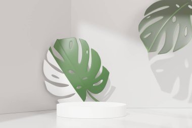Üç boyutlu soyut kaidesel podyum görüntüsü ve tropikal canavar yaprakları. Reklam için ürün ve tanıtım konsepti. Yeşil doğal arkaplan.