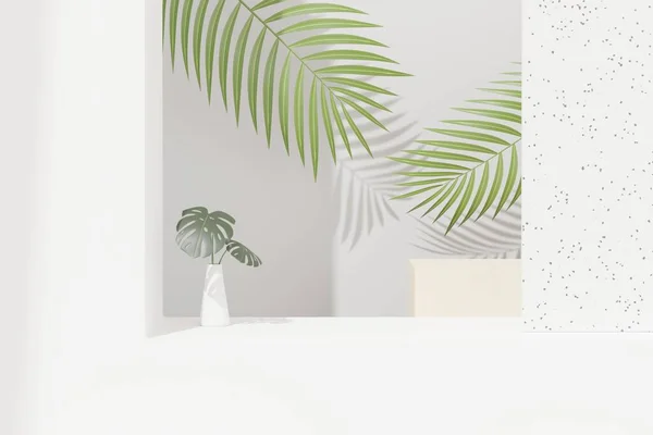 Render Abstract Pedestal Podium Display Tropical Monstera Leaves Product Promotion — Stock Photo, Image