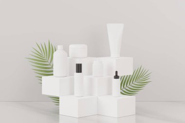 3 boyutlu boş kozmetik cilt ürünleri ya da paketleme modeli. Güzellik sabunu ve spa konsepti. Cilt sağlığı için losyon yağı nemlendirici. Markalaşma için kaliteli ve lüks tasarım.