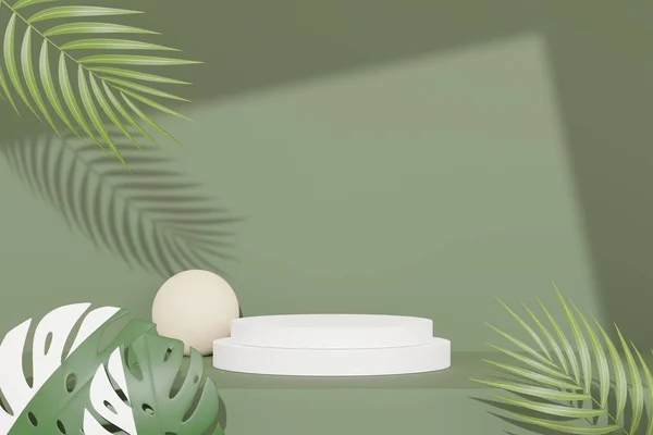 トロピカルモンスターの葉と抽象的な台座の表彰台ディスプレイの3Dレンダリング 広告のための製品とプロモーションの概念 緑の自然背景 — ストック写真