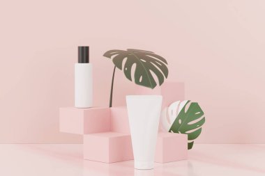 3 boyutlu boş kozmetik cilt ürünleri ya da paketleme modeli. Güzellik sabunu ve spa konsepti. Cilt sağlığı için losyon yağı nemlendirici. Markalaşma için kaliteli ve lüks tasarım.