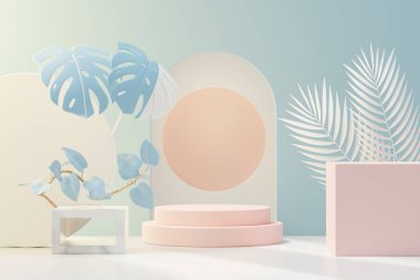 Üç boyutlu soyut kaidesel podyum görüntüsü tropikal yapraklar ve mavi pastel bitki sahnesi. Reklam için ürün ve tanıtım konsepti. Mavi pastel doğal arkaplan.