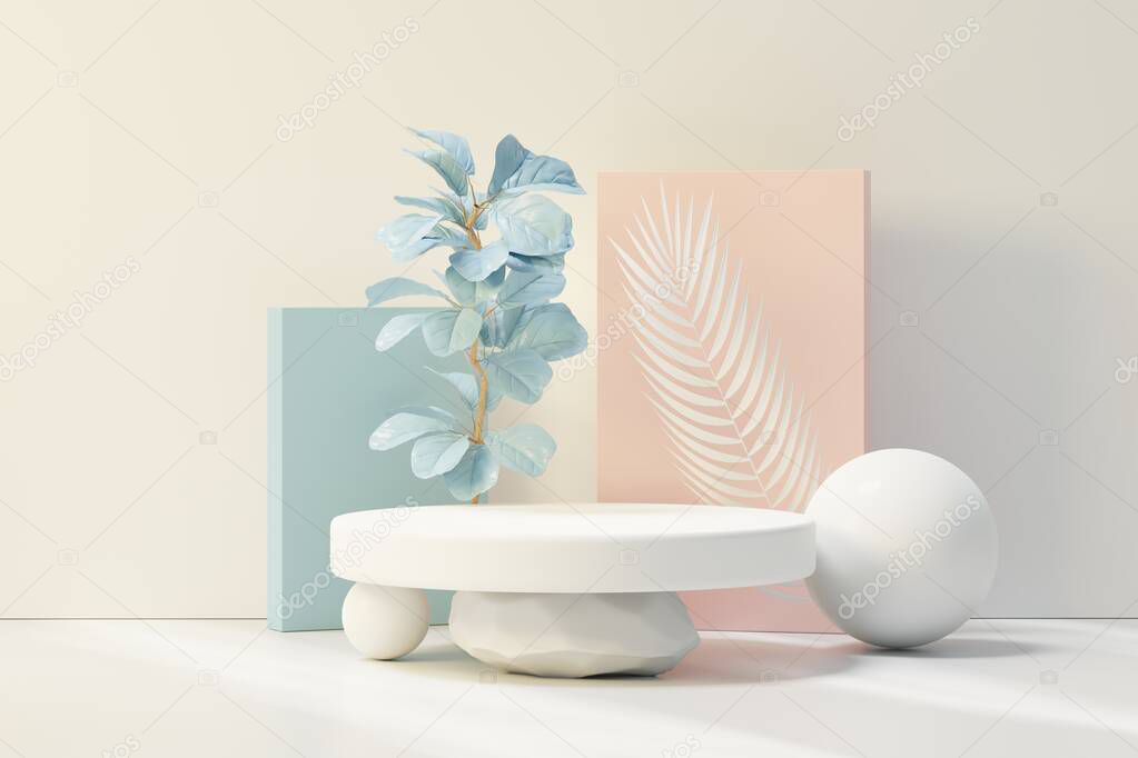 3d render of abstract pedestal podium display with Tropical leaves and Blue pastel plant scene. Product and promotion concept for advertising. Blue pastel natural background.