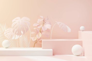 Üç boyutlu soyut kaidesel podyum görüntüsü tropikal yapraklar ve mercan pembe pastel bitki sahnesi. Reklam için ürün ve tanıtım konsepti. Mavi pastel doğal arkaplan.