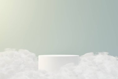 Soyut geometrik şekiller ve kabarık bulutlu 3D resimli lüks kaidesel ürün görüntüsü. En düşük mavi gökyüzü ve bulutlar mevcut ürün tanıtımı ve güzellik kozmetiği için.