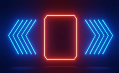 Karanlık arka planda RGB neon ışığının 3 boyutlu görüntüsü. Soyut lazer hatları geceleri görünüyor. Model ve web afişi için ultraviyole ışın sahnesi.