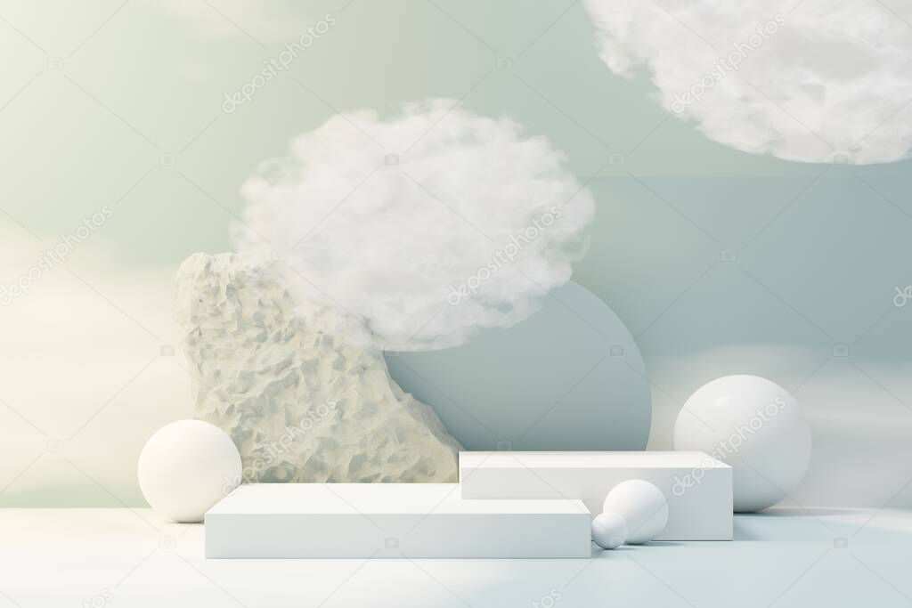 3d illustration luxury premium pedestal product display with abstract geometric shapes and fluffy cloud. Minimal blue sky and clouds scene for present product promotion and beauty cosmetics.
