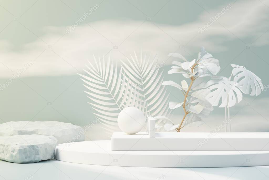 3d render of abstract pedestal podium display with Tropical leaves and Blue sky clouds pastel and plant scene. Product and promotion concept for advertising. Blue pastel natural background.