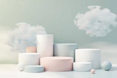 3D Beauty premium kaidesel ürün sergisi Rüya Diyarı ve pofuduk bulut. Minimal mavi gökyüzü ve bulutlar mevcut ürün tanıtımı ve güzellik kozmetiği için. Romantik Hayaller Diyarı konsepti.