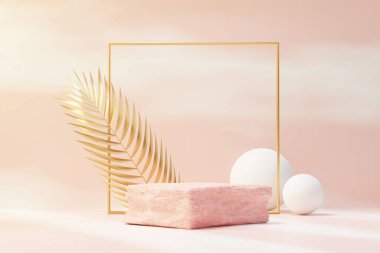 Tropikal doğa sahneli 3D rock podyumu. Reklam için ürün ve tanıtım konsepti. Sunum nesneleri için soyut Taş temel.