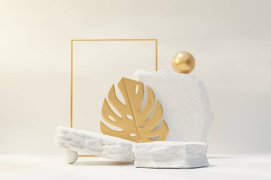 Tropikal doğa sahneli 3D rock podyumu. Reklam için ürün ve tanıtım konsepti. Sunum nesneleri için soyut Taş temel.