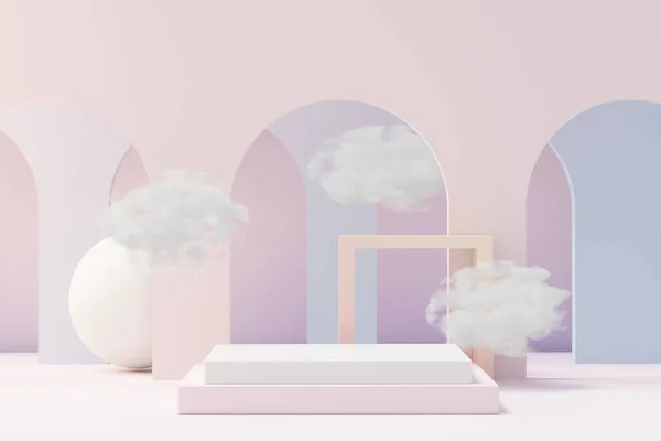 3D美誉基座产品展示与梦幻般的土地和蓬松的云彩 为目前的产品促销和美容化妆品设计了最小的油彩天空和云彩场景 梦幻之地的概念 — 图库照片