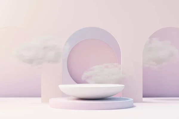 3D美誉基座产品展示与梦幻般的土地和蓬松的云彩 为目前的产品促销和美容化妆品设计了最小的油彩天空和云彩场景 梦幻之地的概念 — 图库照片
