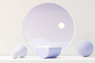 2022 'de ürün tanıtımı ve reklamı için çok Peri renginde 3D güzellik podyumu. Minimal pastel gökyüzü ve Rüya Diyarı sahnesi. Romantizm kavramı.