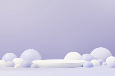 2022 'de ürün tanıtımı ve reklamı için çok Peri renginde 3D güzellik podyumu. Minimal pastel gökyüzü ve Rüya Diyarı sahnesi. Romantizm kavramı.