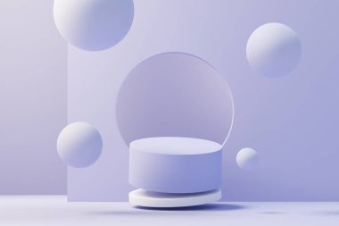 2022 'de ürün tanıtımı ve reklamı için çok Peri renginde 3D güzellik podyumu. Minimal pastel gökyüzü ve Rüya Diyarı sahnesi. Romantizm kavramı.