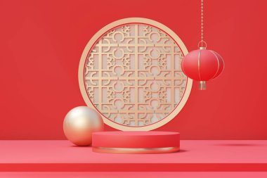 Çin 'in yeni yıl temalı boş podyumunun 3D görüntüsü. Ürün sunumu için standını göster. Basit bir tasarım ile geleneksel Çin dokusunda silindir aşaması.