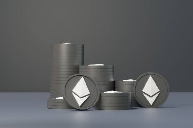 Ethereum veya ETH şifreleme para birimleri 3D yığın. Şifreli para birimi dijital para birimi kavramı. Engelleme zincirinde yeni sanal para değişimi.