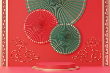 Çin 'in yeni yıl temalı boş podyumunun 3D görüntüsü. Ürün sunumu için standını göster. Basit bir tasarım ile geleneksel Çin dokusunda silindir aşaması.