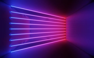 Karanlık arka planda RGB neon ışığının 3 boyutlu görüntüsü. Soyut lazer hatları geceleri görünüyor. Model ve web afişi için ultraviyole ışın sahnesi.