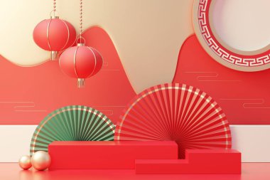 Çin 'in yeni yıl temalı boş podyumunun 3D görüntüsü. Ürün sunumu için standını göster. Basit bir tasarım ile geleneksel Çin dokusunda silindir aşaması.