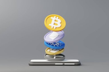 3D mini cep telefonu ya da akıllı telefonu beyaz fotokopi alanı ve kripto para birimi bitcoin, ethereum, binance ve dalgalı paralar ile çalışmak üzere tasarlayın. Şifreleme kavramını tanımla.