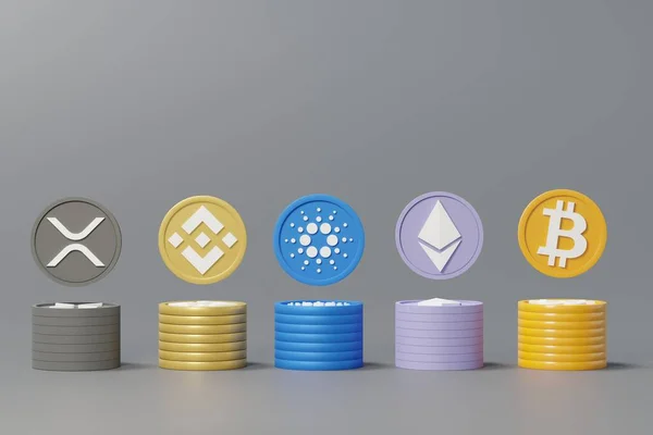 Render Stack Cryptocurrencies Bitcoin Ethereum Cardano Binance Coins Cryptocurrency Digital —  Fotos de Stock