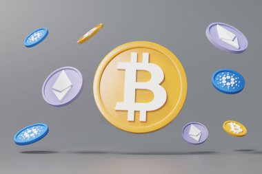 Diğer paralarla (Ethereum ve Carnado) birlikte 3D kripto para birimi Bitcoin 'i etrafta yüzdürüyordu. Şifreli para birimi dijital para birimi kavramı. Engelleme zincirinde yeni sanal para değişimi.