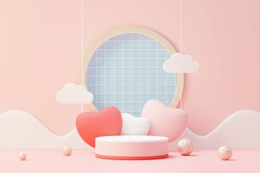 Model ve ürün markası sunumu için podyumlu 3D görüntüleme sahnesi. Sevgililer Günü teması için pembe yayalar. Hoş bir kalp geçmişi var. Aşk gününün tasarım tarzı.