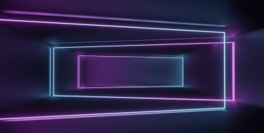 Karanlık arka planda RGB neon ışığının 3 boyutlu görüntüsü. Soyut lazer hatları geceleri görünüyor. Model ve web afişi için ultraviyole ışın sahnesi.