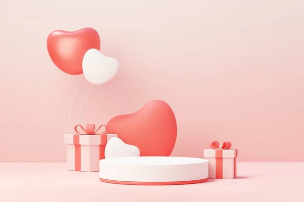 3d render minimal sweet scene with display podium for mock up and product brand presentation. Pink Pedestal stand for Valentine\'s Day\'s theme. Cute lovely heart background. Love day\'s design style.