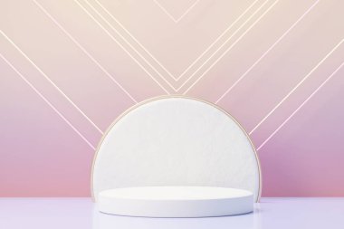 2022 'de ürün tanıtımı ve reklamı için çok Peri renginde 3D güzellik podyumu. Minimal pastel gökyüzü ve Rüya Diyarı sahnesi. Romantizm kavramı.