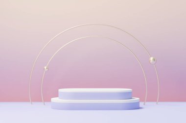 2022 'de ürün tanıtımı ve reklamı için çok Peri renginde 3D güzellik podyumu. Minimal pastel gökyüzü ve Rüya Diyarı sahnesi. Romantizm kavramı.