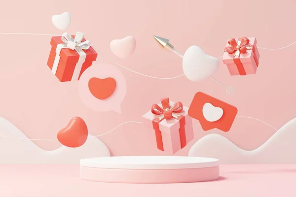 3d render minimal sweet scene with display podium for mock up and product brand presentation. Pink Pedestal stand for Valentine\'s Day\'s theme. Cute lovely heart background. Love day\'s design style.