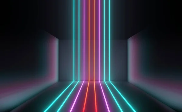 Renderização Luz Néon Rgb Fundo Escuro Linhas Laser Abstratas Mostram — Fotografia de Stock