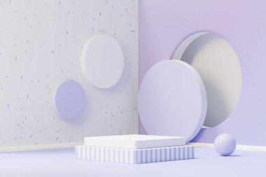 2022 'de ürün tanıtımı ve reklamı için çok Peri renginde 3D güzellik podyumu. Minimal pastel gökyüzü ve Rüya Diyarı sahnesi. Romantizm kavramı.